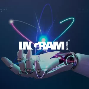 AI Robot showing is hand and the IN RAM MICRO logo is displaying