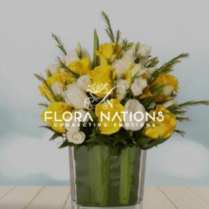 Behind the Flora Nations logo a bunch of yellow roses